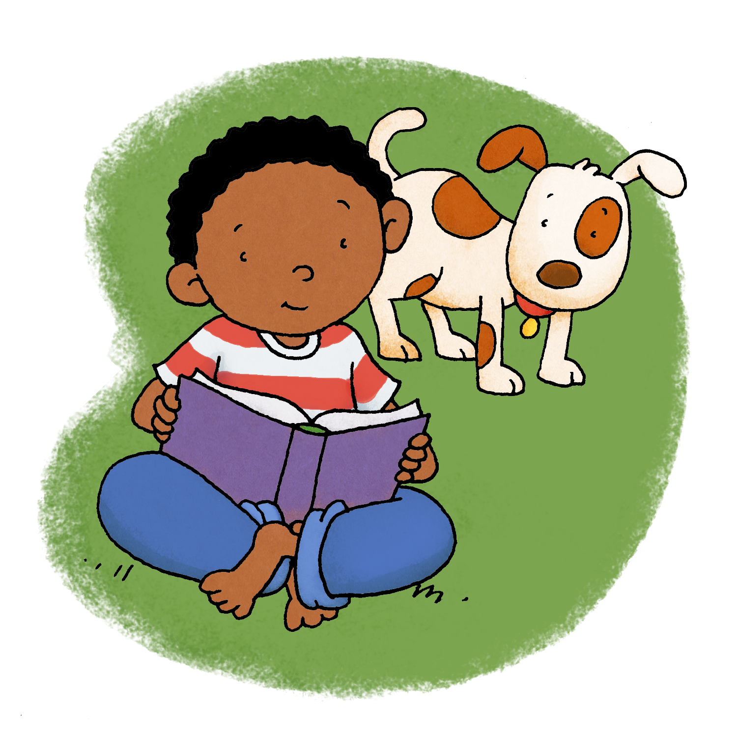 image of boy reading, dog looking over shoulder