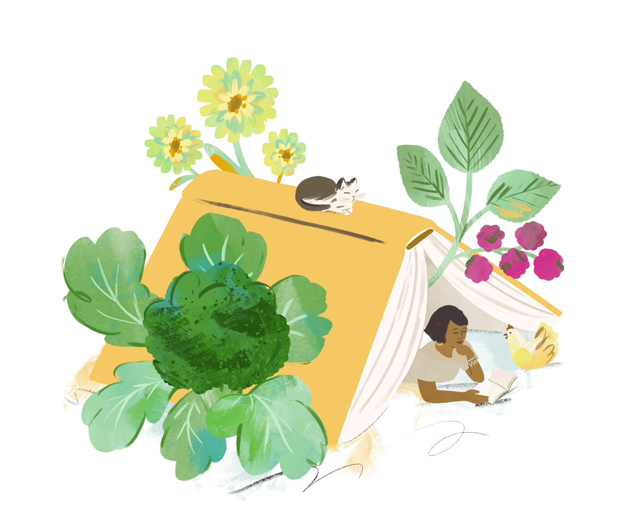 Micro-habitat workshop woman reading under a book tent with plants by Sarah Ferone