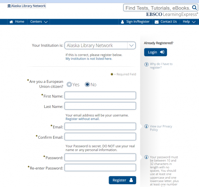 An example of the Learning Express registration page.