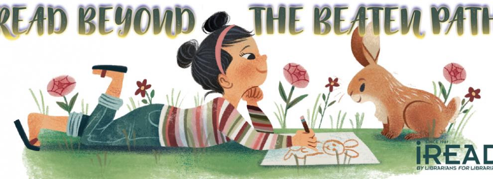 A girl and her bunny drawing pictures in the grass. 