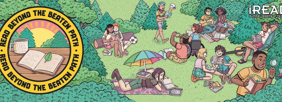 A drawing of a group of people enjoying the outdoors.