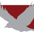 Ravn Alaska airline logo with gray raven on the left of a maroon banner