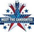 Words stating Meet the Candidates with red, white & blue ribbon banners and shooting five pointed stars