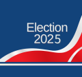 Election 2025 on blue background with red banner beneath