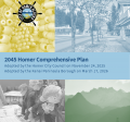 The 2045 Homer Comprehensive Plan Cover, with the document title and four muted images of local art, streets, people and harbor.