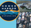 Round Homer Harbor Expansion logo with two photos of crowded large vessels moored in rafts to Harbor Float Systems