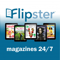 text Flipster magazines 24/7 and five tablets showing magazine covers