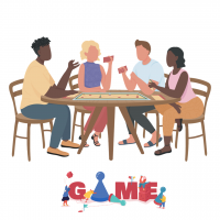 graphic of friends playing a game at a table with the word game below