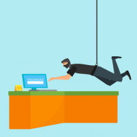 man hanging from ceiling hovering over desk and computer ninja-style