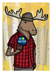 Cartoon moose in a plaid shirt and beanie holding up an ivoted sticker