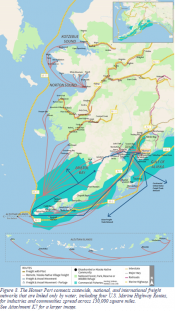 Homer Port & Harbor is a maritime connection supporting statewide, national and international freight movement, including four U.S. Marine Highway Routes for industries and communities spread across 130,000 square miles. Map showing freight movement connections Homer Port and Harbor supports.