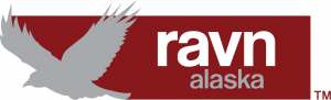Ravn Alaska airline logo with gray raven on the left of a maroon banner