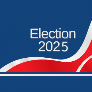 Election 2025 on blue background with red banner beneath