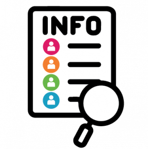 picture with the word info, a magnifying glass and colorful human silhouettes