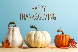 Happy Thanksgiving! Three pumpkins and leaves on table in front of light blue backdrop.