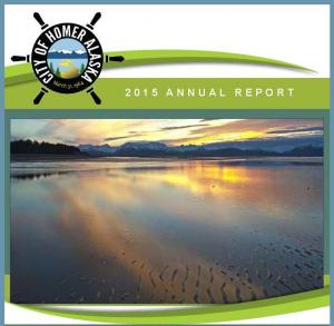 Cover of 2015 City of Homer Annual Report featuring sunrise over the ocean. 