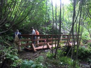 Volunteers work on footbridge across Woodard Creek in Karen Hornaday Park.