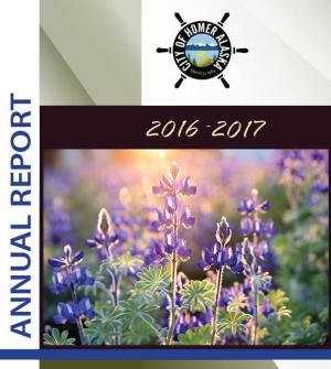 Cover of City of Homer 2016-2017 Annual report featuring lupine flowers.