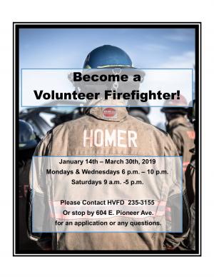 Photo showing the back of a Homer Volunteer Firefighter in beige jacket and blue hardhat.