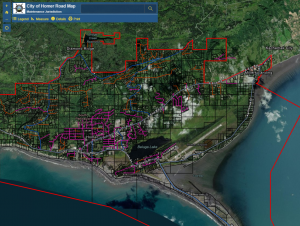 Aerial photo and map of roads in Homer, Alaska