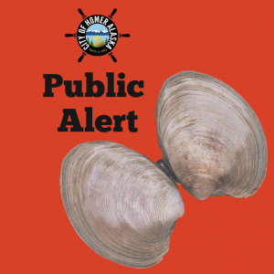 City of Homer ship's wheel logo on a red background with the words Public Alert and an open clam shell.