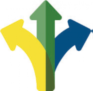 Graphic of yellow, green and blue arrows connected at the base and pointing upward.
