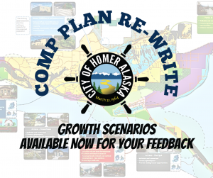 Faded out colorful City of Homer map with words Comp Plan Rewrite Growth Scenarios Available Now for your Feedback and logo.