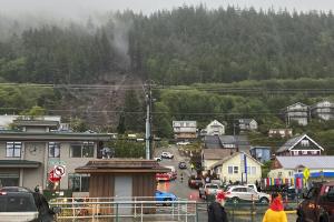 Large mudslide through forest slope into city of Ketchikan in August 2024