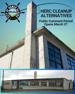 Photo of one old HERC buildings with the second superimposed announcing Cleanup Alternatives Public Comment 3-27 to 4-24 2026.
