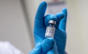 Photo of vial of COVID-19 vaccine being held in by by blue-gloved hand.