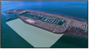 Aerial view of the Homer Harbor with area shaded light blue where new large vessel harbor is proposed to be located.