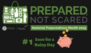 FEMA Prepared, Not Scared logo with pink piggy bank and coins with message, Save for a Rainy Day.
