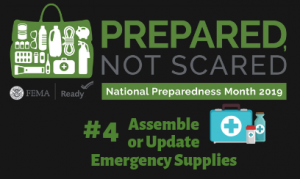 FEMA Prepared, Not Scared logo with first aid kit and water bottles with message, Assemble or Update Emergency Supplies.