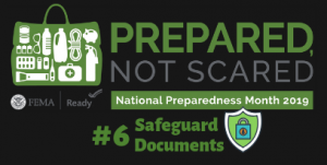 FEMA Prepared, Not Scared logo with a green shield and blue padlock with message, Safeguard Documents.