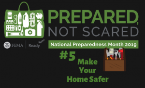 FEMA Prepared, Not Scared logo with brown tool box with message, Make Your Home Safer.
