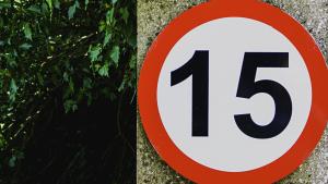 Round, red bordered sign with the numeral 15.