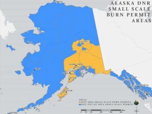 Map of Alaska with yellow area in Kodiak, going north through Kenai Borough and Southcentral where burn permits are requried