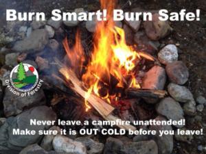 Burn Smart, Burn Safe! flier from Alaska State Division of Forestry showing a small campfire surrounded by rocks.
