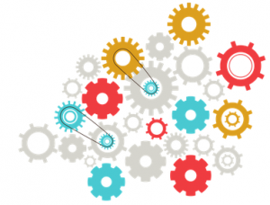 The image is a collection of multicolored gears.