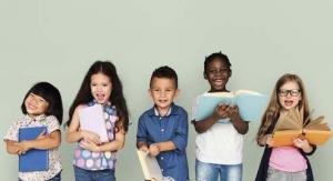 five standing kids holding books