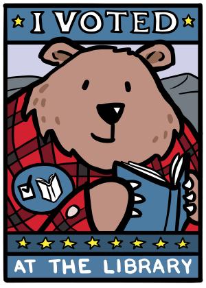 Bear with book and text reading I voted at the library