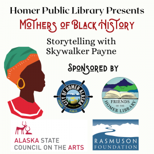 head of woman with brown skin, red collar, and orange green head scarf plus logos of FHL, library, Rasmuson Foundation and ACOA.