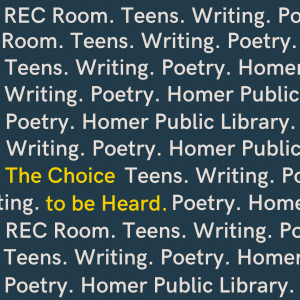 Repeating text lines read REC Room. Teens. Writing. Poetry. Homer Public Library.