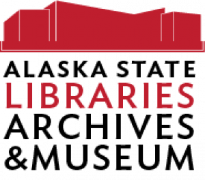 Logo for the Alaska State Libraries Archive and Museum. The image is a red silhouette of a museum.  