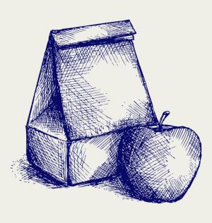 sketch of brown bag lunchbag and apple