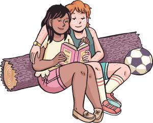 Two teens reading a book on a log. 