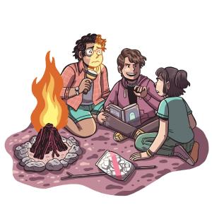 An illustration of friends gathering around a camp fire. 