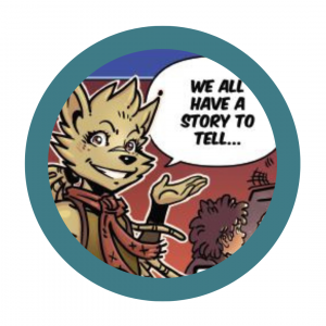 image of a character from the Chickaloonies comic saying we all have a story to tell