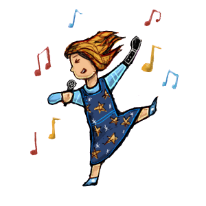 Image of child singing, with musical notes around her. 