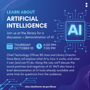 Learn About Artificial Intelligence at the Library, October 10th at 6pm
